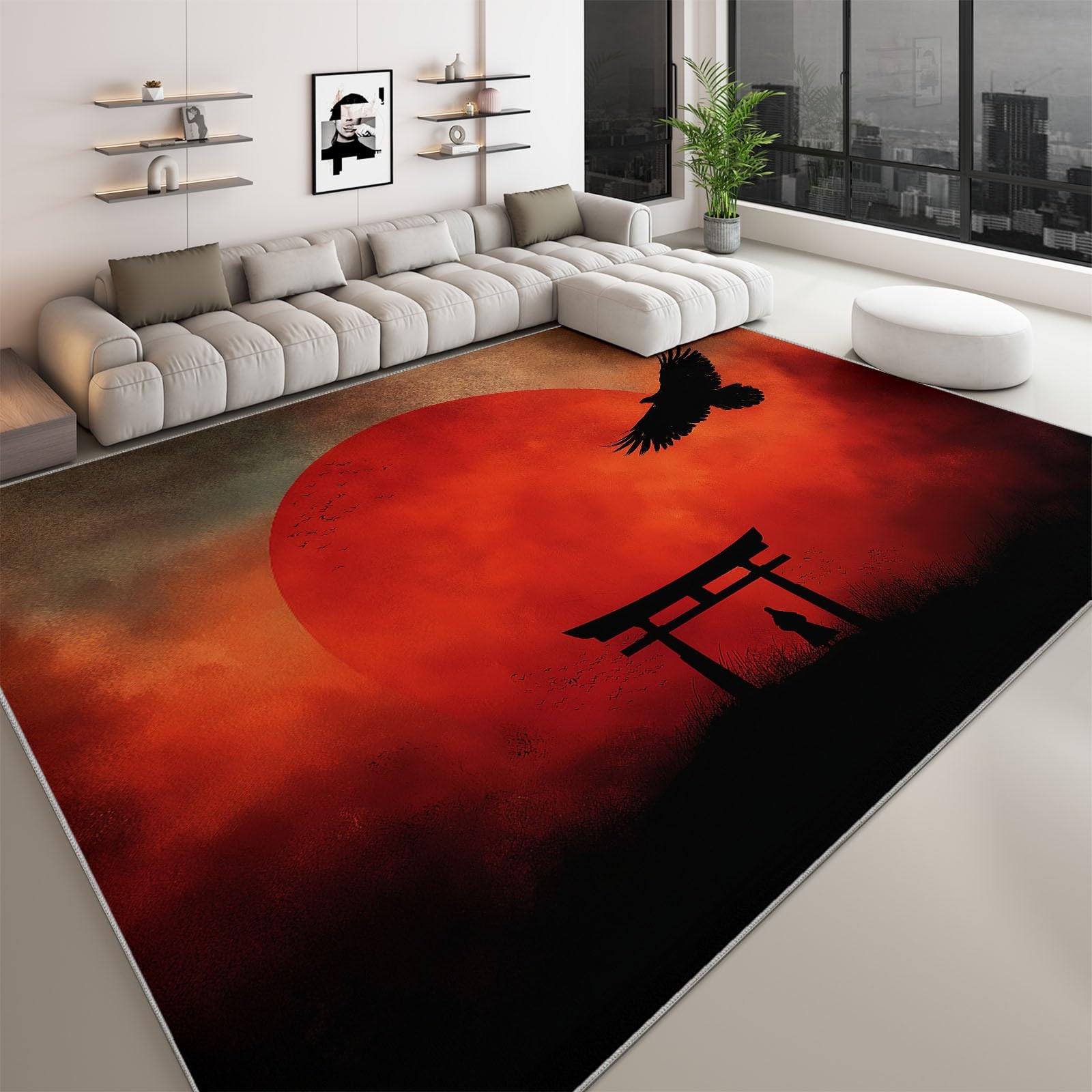 Tapis de salon lavable en machine 80 x 150 cm multicolore, coureur faible poil antidérapant avec imprimé fantastique art lune samouraï - tapis chambre pour la chambre à coucher le bureau à domicile
