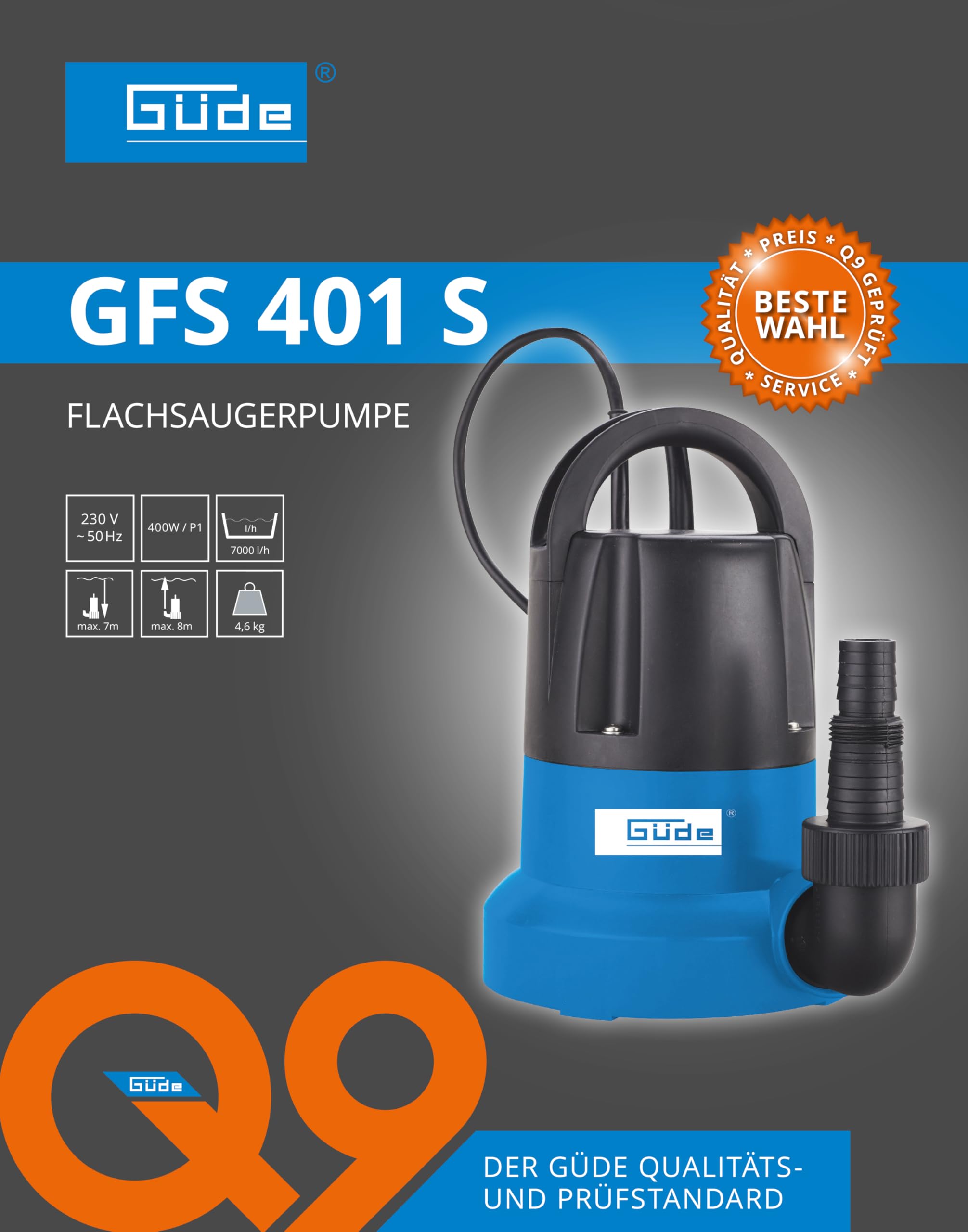 Güde Flachsaugerpumpe GFS 401 S (400 W, Fördervolumen 7000 l/h, max. Förderhöhe 8 m, max. Ansaughöhe 7 m, Noryl-Laufrad, Edelstahlwelle, Thermoschutz, 10 m Anschlusskabel, min. Einschalthöhe 30 mm)