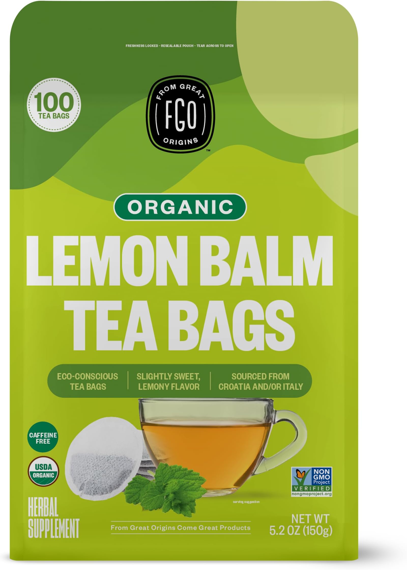 Organic Lemon Balm Tea, 100 Count, Eco-Conscious Herbal Tea Bags, Resealable Bag, Caffeine Free, Packaging May Vary (Pack of 1)