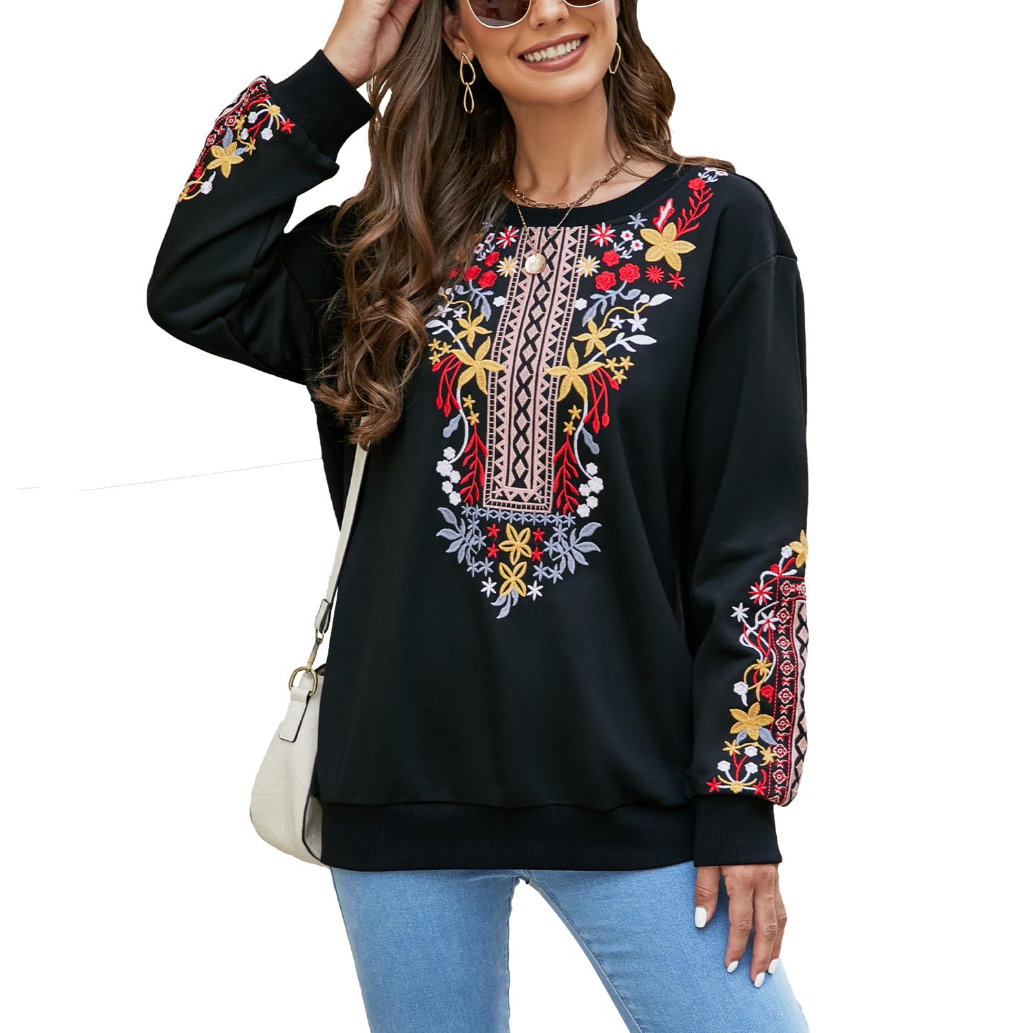 Damen Sweatshirt Langarm Winter Rundhals Pullover mit Stickerei Casual Oberteile Tops