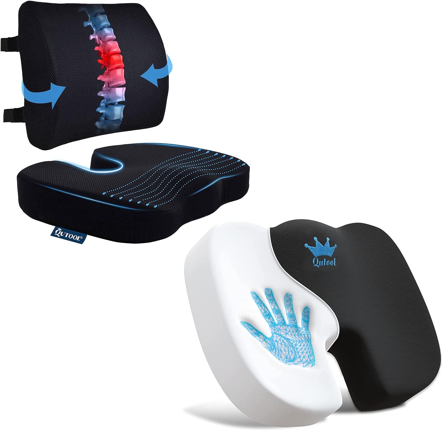 Seat Cushion & Lumbar Support Pillow for Office Chair, Car, Wheelchair & Memory Foam Seat Coccyx Cushion