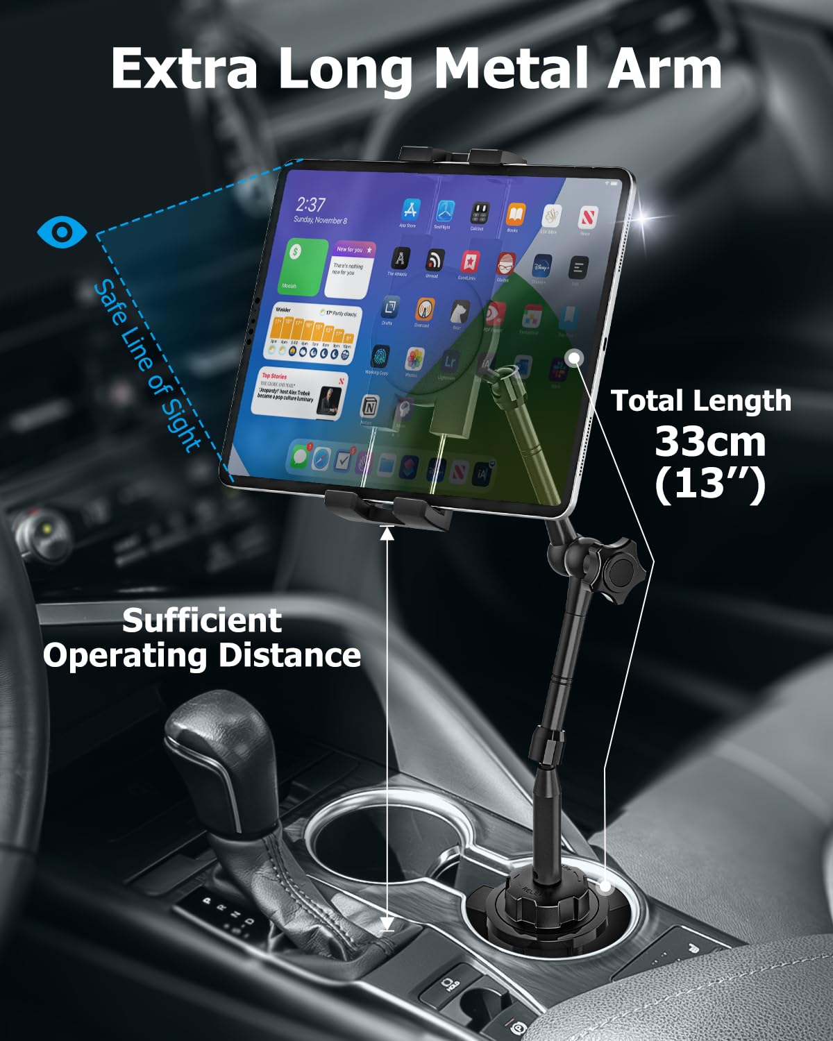Ultra-elastyczny uchwyt na tablet samochodowy uchwyt na kubek - [Aluminiowe regulowane magiczne ramię] uchwyt na kubek do samochodu ciężarowego na tablety, telefony komórkowe, iPad, Galaxy Tab