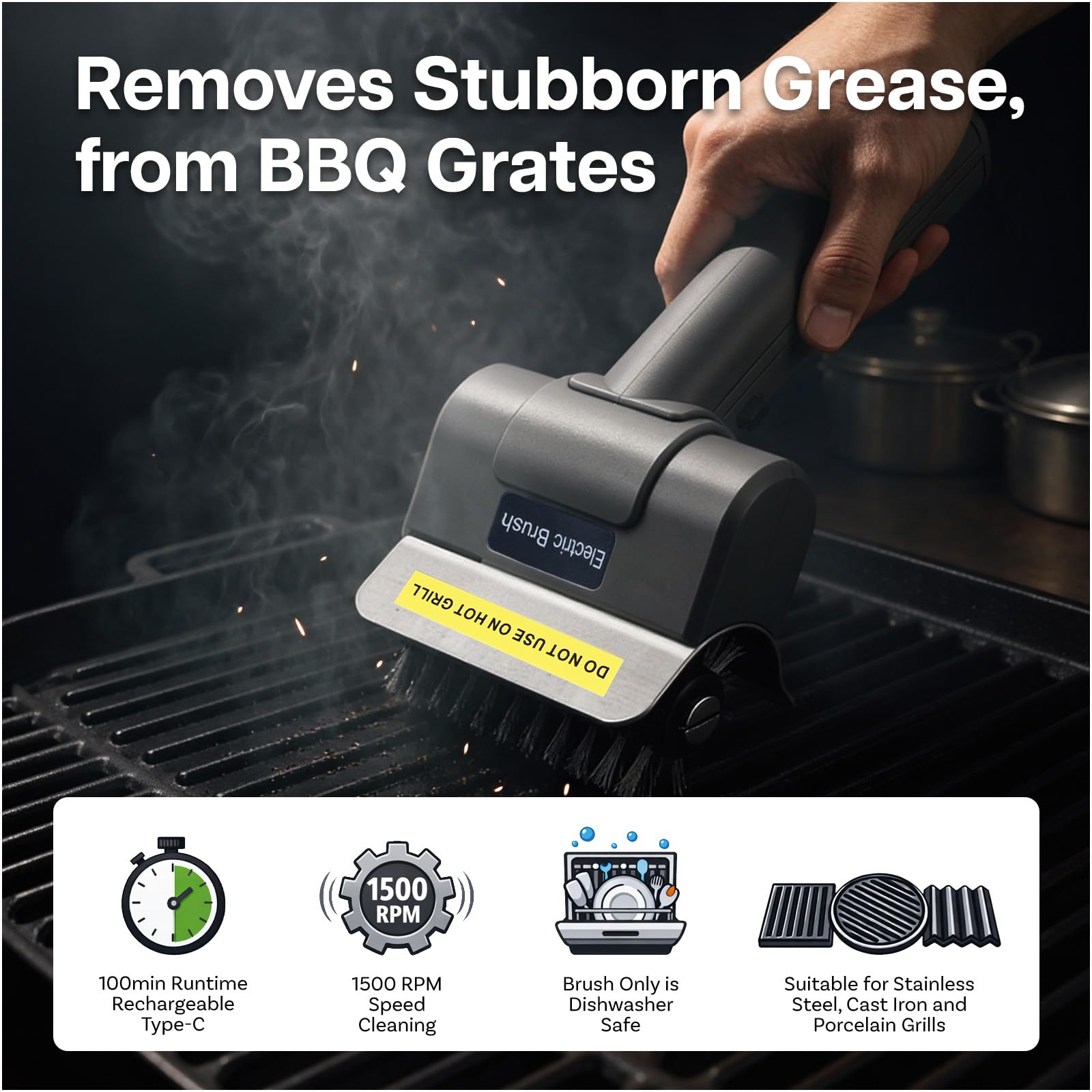 Elektrische Grillbürste von MMOBIEL – Kabelloser BBQ Grillreiniger mit 100 Minuten Laufzeit, Hochdrehmoment-Motor, 1500 RPM Drehzahl, Ergonomischem Griff, USB-Ladekabel & Handschuhe