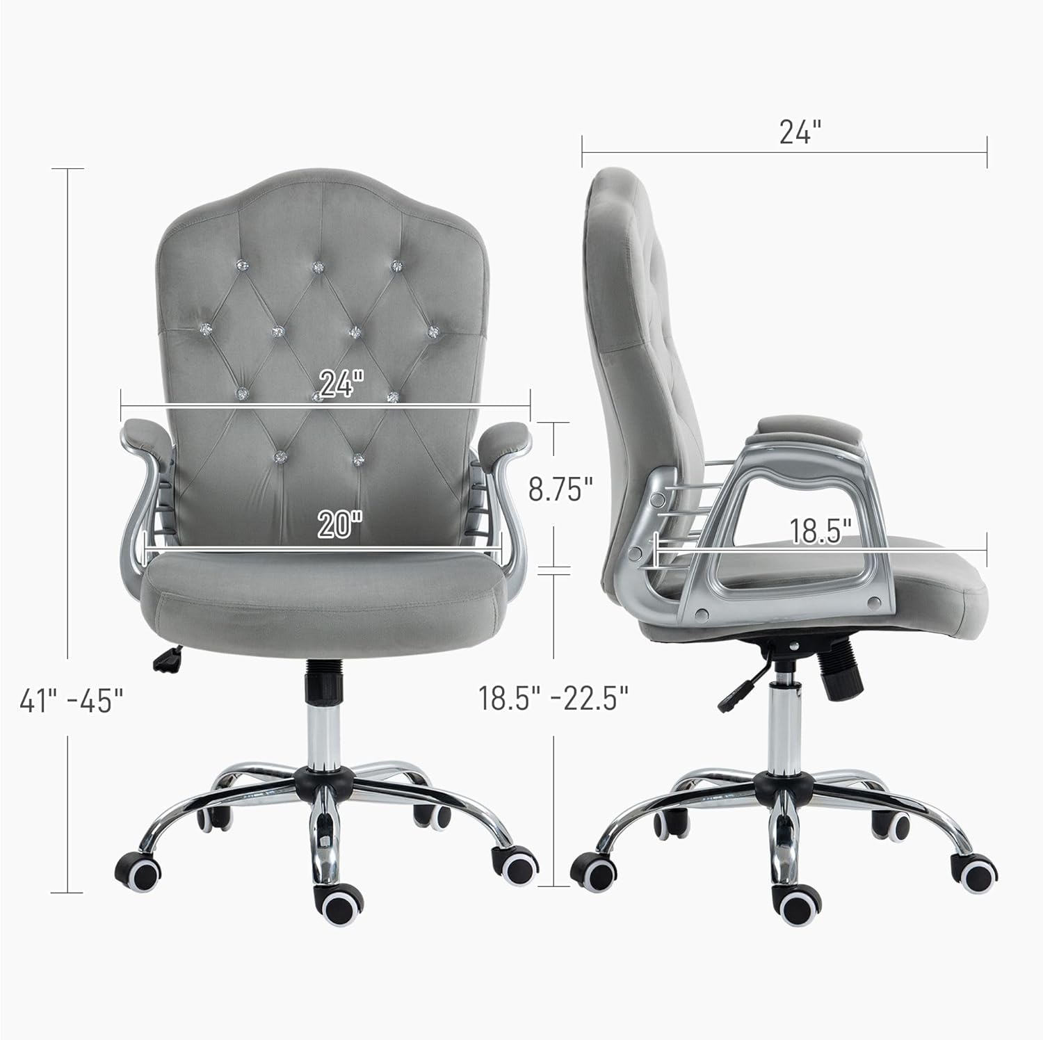 Ergonomic Premium Velvet Upholstery Tufted Button High-Back Lumbar Support Height Adjustable Swivel Wheels Tilt Mechanism Light Gray Finish Executive Office Chair