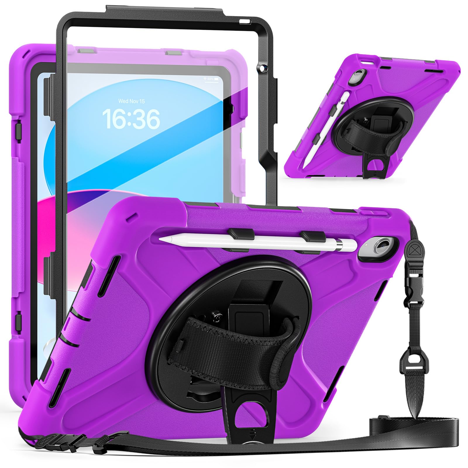 Etui na tablet kompatybilne z iPadem 12th A19 2026/11th 27.9 cm A16 2025/10th 27.7 cm 2022 W, pasek na ramię i obrotowa podpórka i pasek na rękę, klasa wojskowa, odporne na wstrząsy, wytrzymałe etui