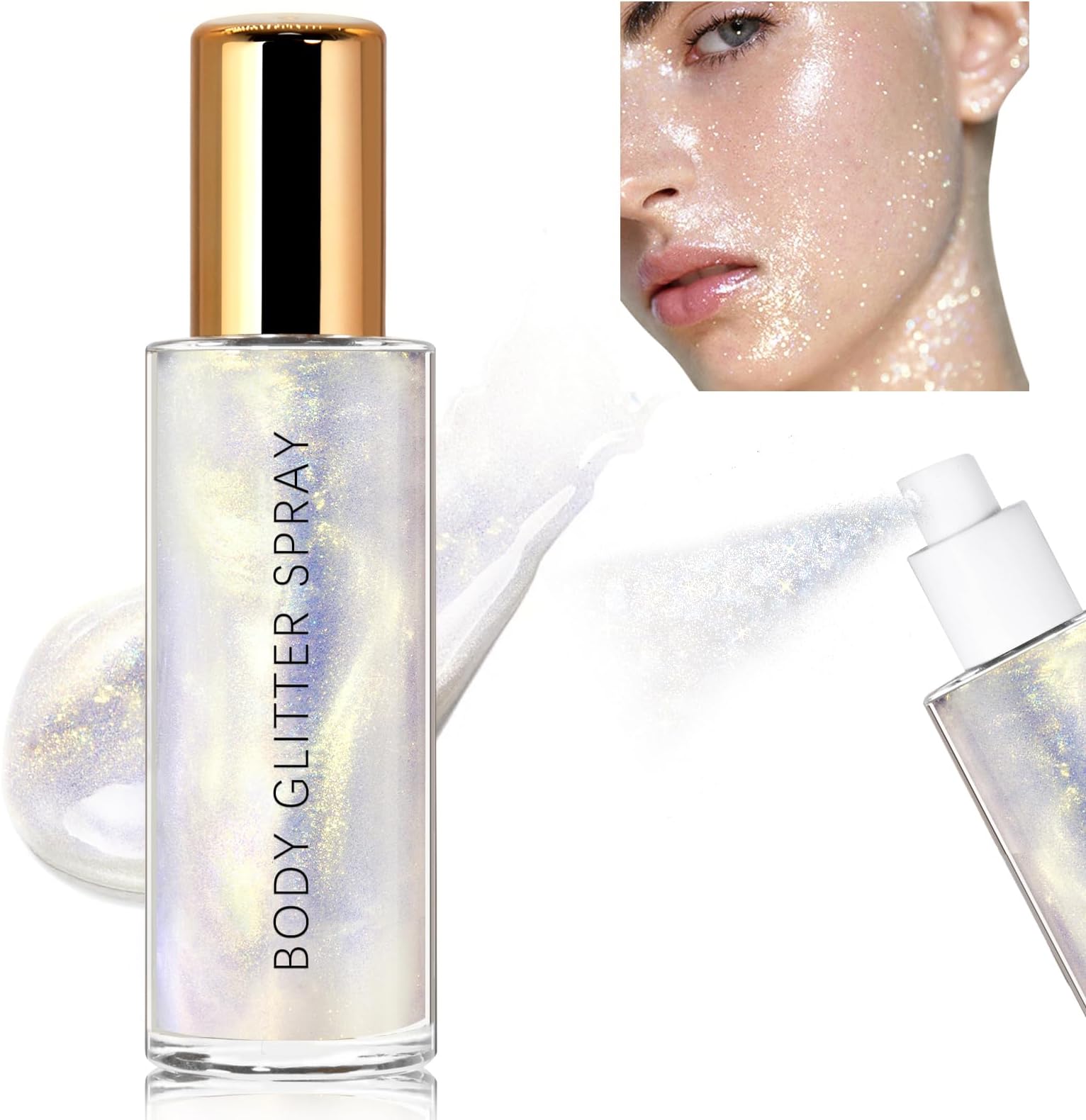 HOSAILY Body Glitter Spray, Moisturizing Bronze Body Shimmer Luminizer Glow Illuminator Quick-Drying and Non-Sticky Liquid Highlighter Spray for Face Hair Glitter, 60ML -Silver