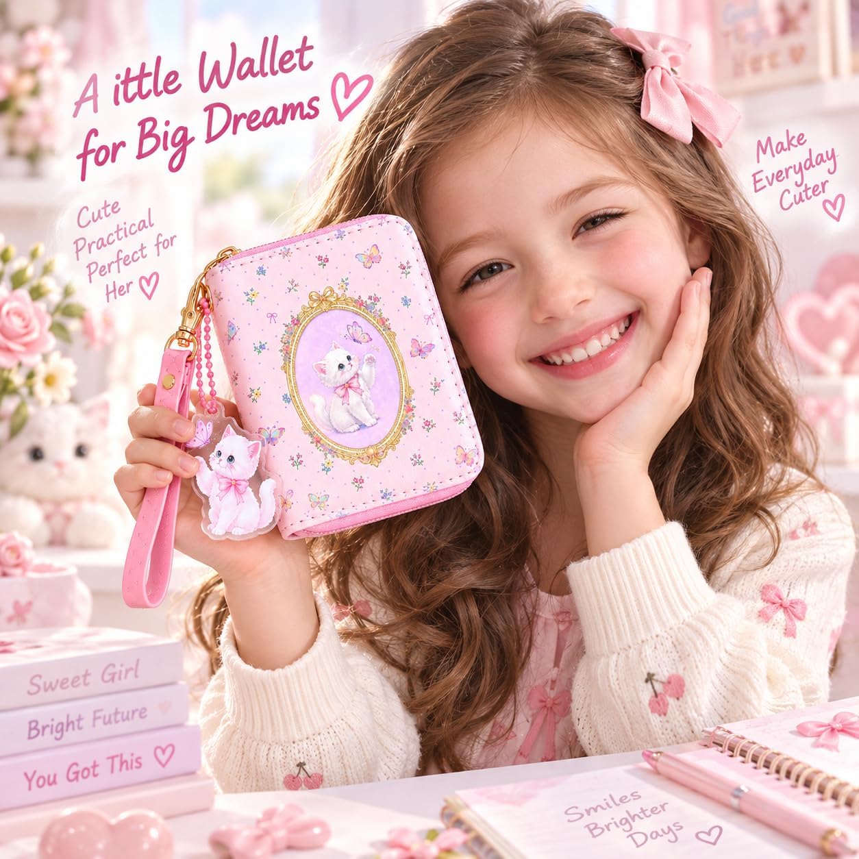 AACKS Little Girls Coin Purse, Kids Small Wallet for Girls & Teens, Cute Animal Print Glitter Mini Coin Pouch with Detachable Wristlet Strap, Cartoon Card Holder