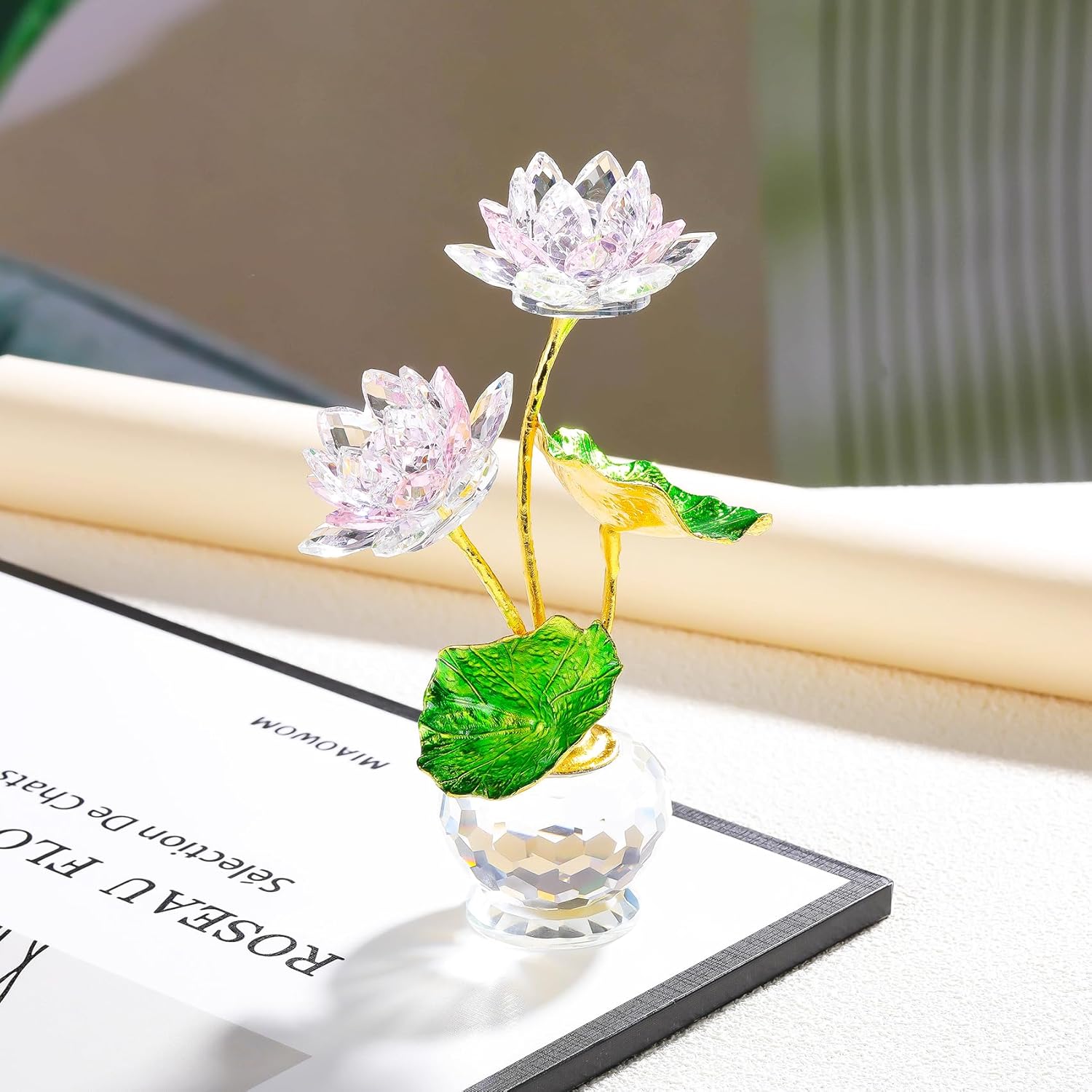 Arikyrist Pink Crystal Lotus Flower with Vase, Handmade Gifts for Women on Birthday, Mother's Day, Home & Office Decor, 2 Duo-Pink