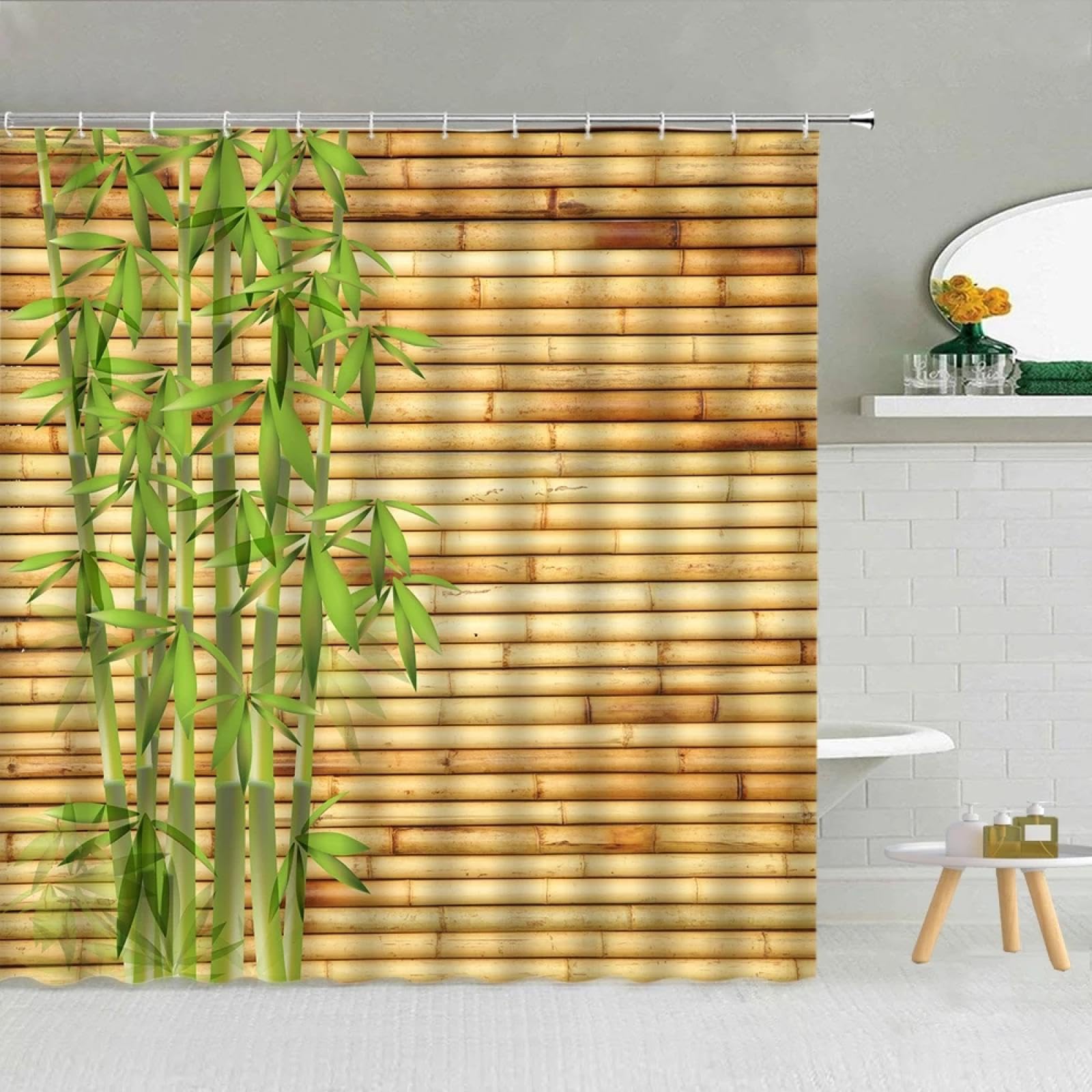 Duschvorhänge mit chinesischen Pflanzen, grünen Bambusblättern, Frühlingslandschaft, Goldener Wandhintergrund, Badewanne, Badezimmerdekor, Stoffvorhang, 200 x 180 cm