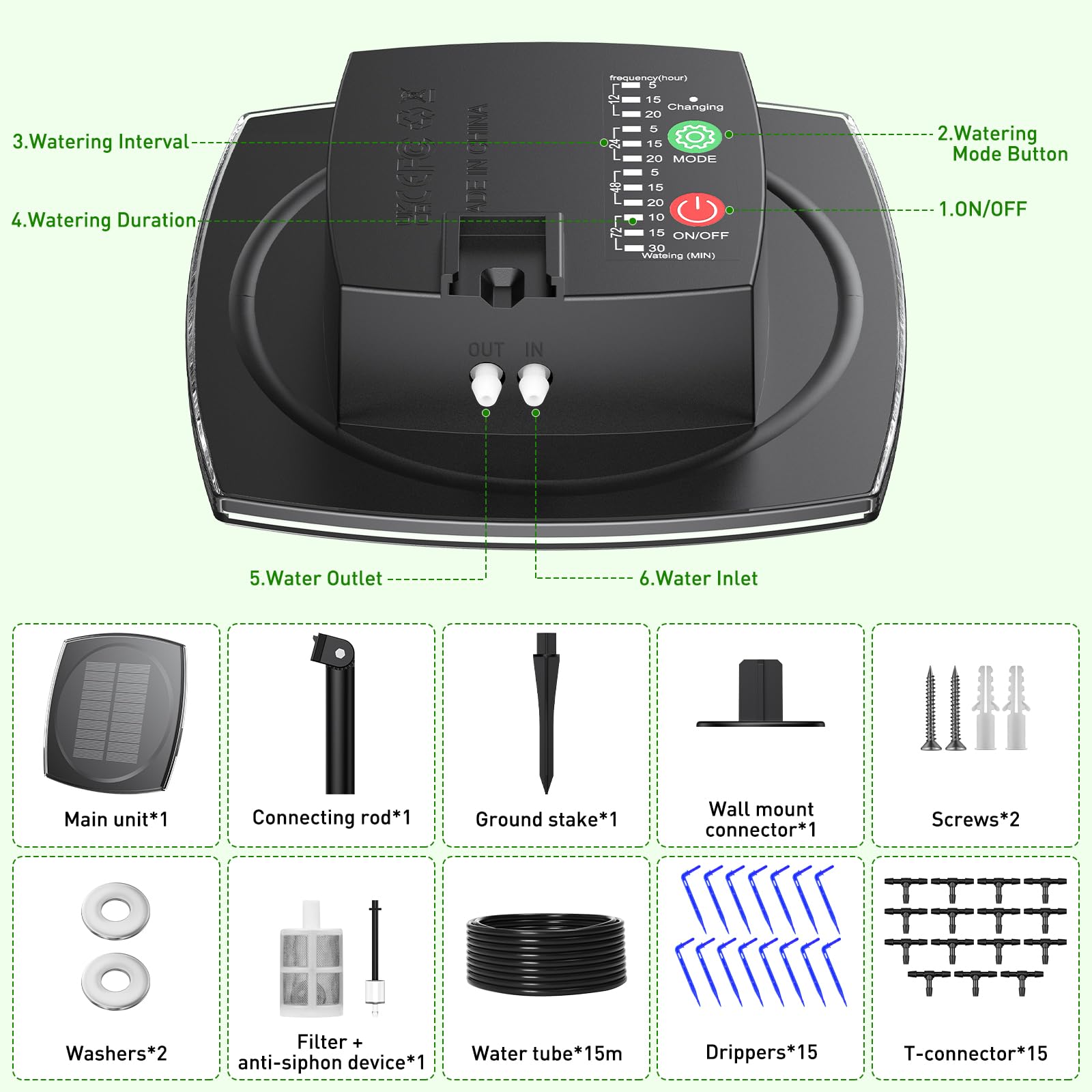 Onherm Arrosage Automatique Solaire, 12 Modes de Minuterie et Tuyau D’Irrigatio 15M, Arrosage Goutte a Goutte Solaire Système Kit pour Jardin, Balcon et Plantes en Extérieur
