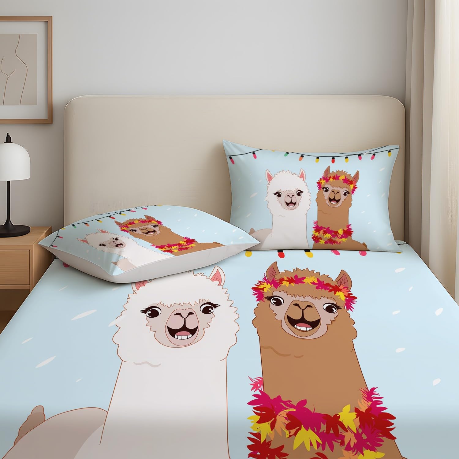 Klar, Cartoon, Süß Spannbetttuch Set 200 x 200 cm Alpaka, Lichterkette, Tiere Jungen, Mädchen,Für Erwachsene geeignet Bettlaken-Set Bettwäsche für Matratzenhöhe bis 30 cm