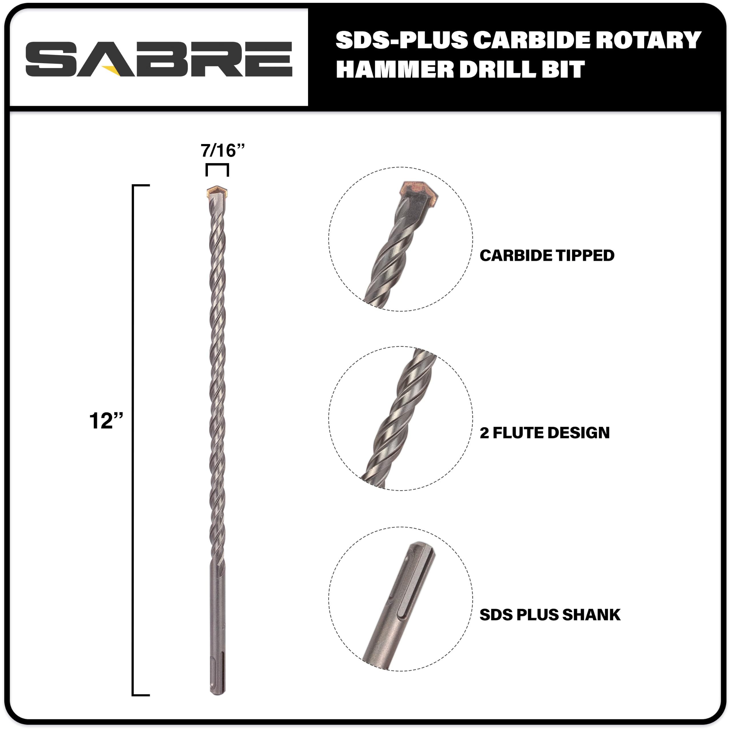 Broca de martillo rotativo SDS Plus de 7/16 pulgadas x 12 pulgadas, punta de carburo para ladrillo, piedra y hormigón versión 2 (7/16 pulgadas x 10 pulgadas x 12 pulgadas)