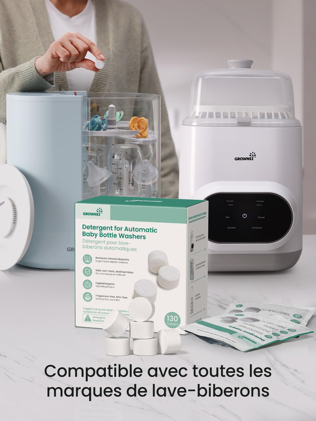 Grownsy Bloc Nettoyant pour Biberons, Compatible Avec le Lave Biberons Momcozy/Baby Brezza, Lot de 130 Tablettes de Nettoyage, Sans Parfum et Sans Danger pour Les Bébés