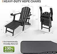 Vista 3 de VINGLI Sillas plegables Adirondack con respaldo ajustable de plástico con reposapiés retráctil y portavasos 2 en 1, sillas impermeables de HDPE