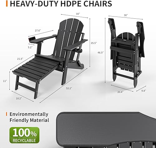 Miniatura 3 de VINGLI Juego de 2 sillas Adirondack plegables de plástico ajustable con reposapiés retráctil y portavasos 2 en 1, sillas impermeables de polietileno