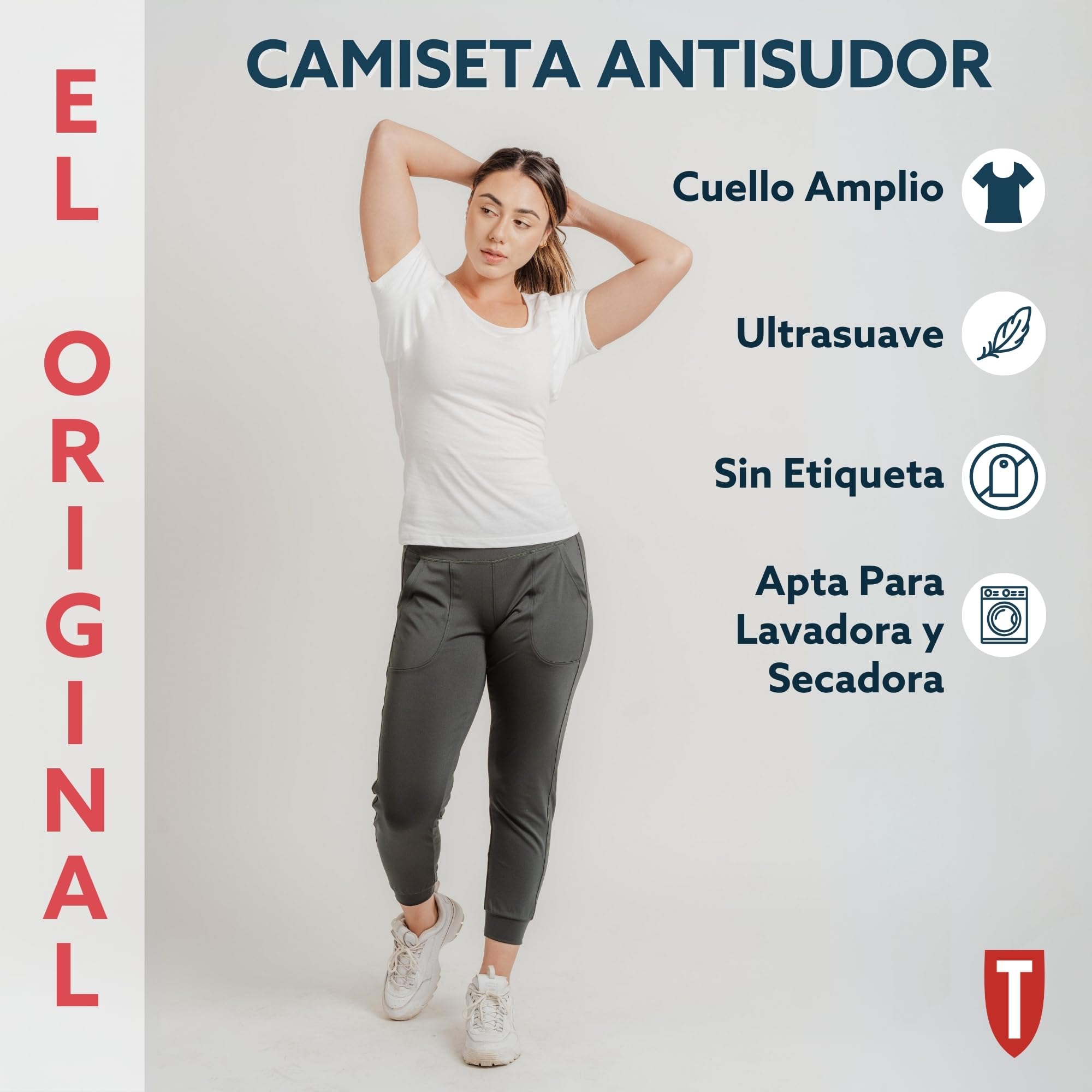 Thompson tee - Camiseta Interior antisudor para Mujer - con Refuerzo Antimicrobiano en Las Axilas - Corte Regular - Cuello Ovalado