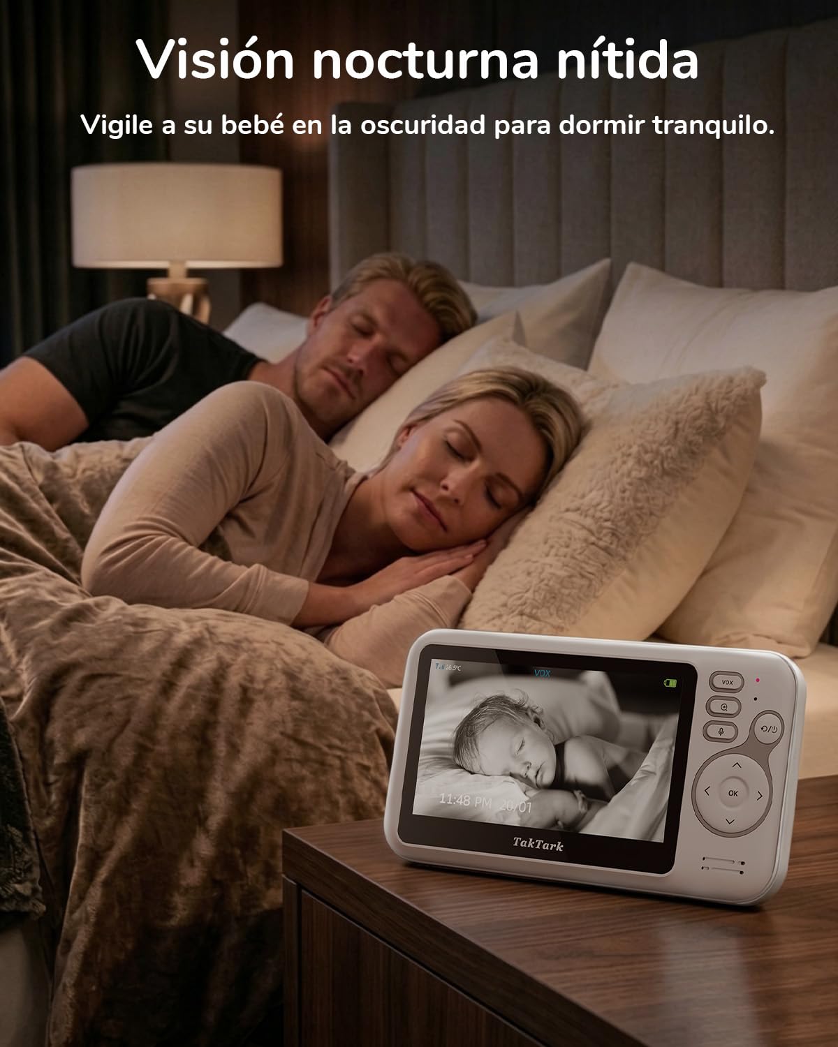 TakTark Camara Vigilancia Bebe, 4.3'' Vigilabebes Inalámbrico, Monitor con Visión Nocturna, VOX, Comunicación Bidireccional, Sensor de Temperatura, Sin Interferencias de Luz, Sólo Movimiento