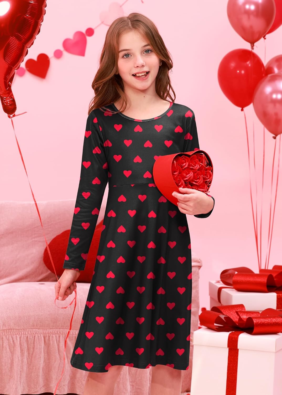 Girl's St Patrick's Day Clover Print Irish Shamrock Long Sleeve A-line Midi Dress 4-14 Years - Image 4