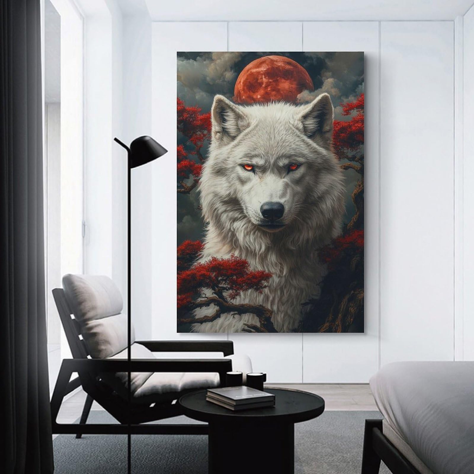 Junmoney Unframe-Style-34 White Wolf Under Blood Moon Decorative Wall Artwork, 20X30inch(50X75cm), For Hallway, Lounge Or Guest Room, Decorative Present For New Homes