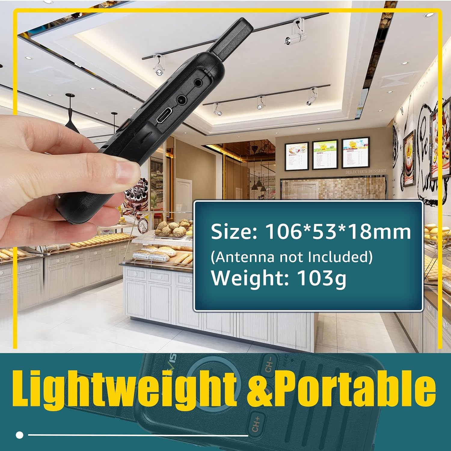Hand holding Retevis RB645 showing its compact size and weight