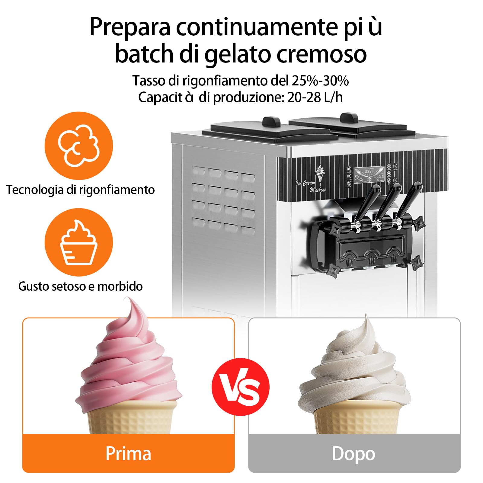 Gelatiera Professionale Soft Serve con compressore autorefrigerante, Con funzione di conservazione, Preparazione in 15min, 2200W, autoportante, Acciaio Inox, 6L x 2