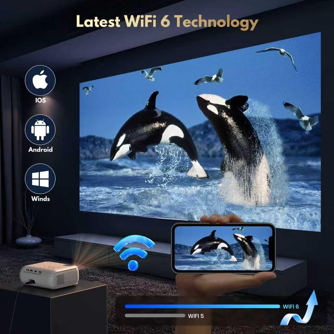 Mini proiettore FHD 4K, basso rumore, 450ANSI, adatto alla luce diurna, chiave automatica, altoparlante HiFi, Android 11.0, WiFi 6 BT5.2, proiettore home theater per camera da letto, giardino, bianco