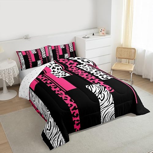 Miniatura 3 de Feelyou Juego de edredón de cebra de leopardo, tamaño individual, para niños, rosa, blanco, negro, para niños, adolescentes, juego de ropa de cama