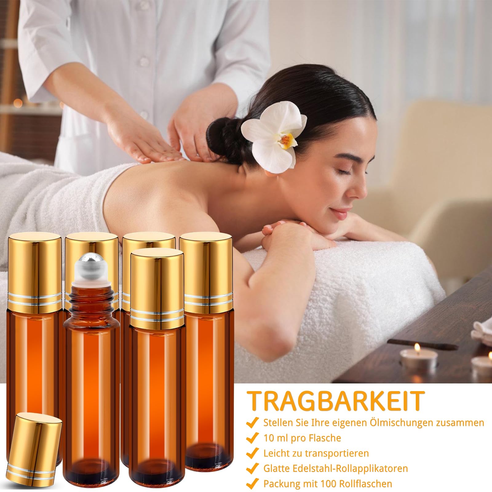 50 bottiglie Roll-On da 10 ml, in vetro ambra, ricaricabili, con sfera in acciaio inox, per oli essenziali, profumi e cosmetici, inclusi 5 tramoggia