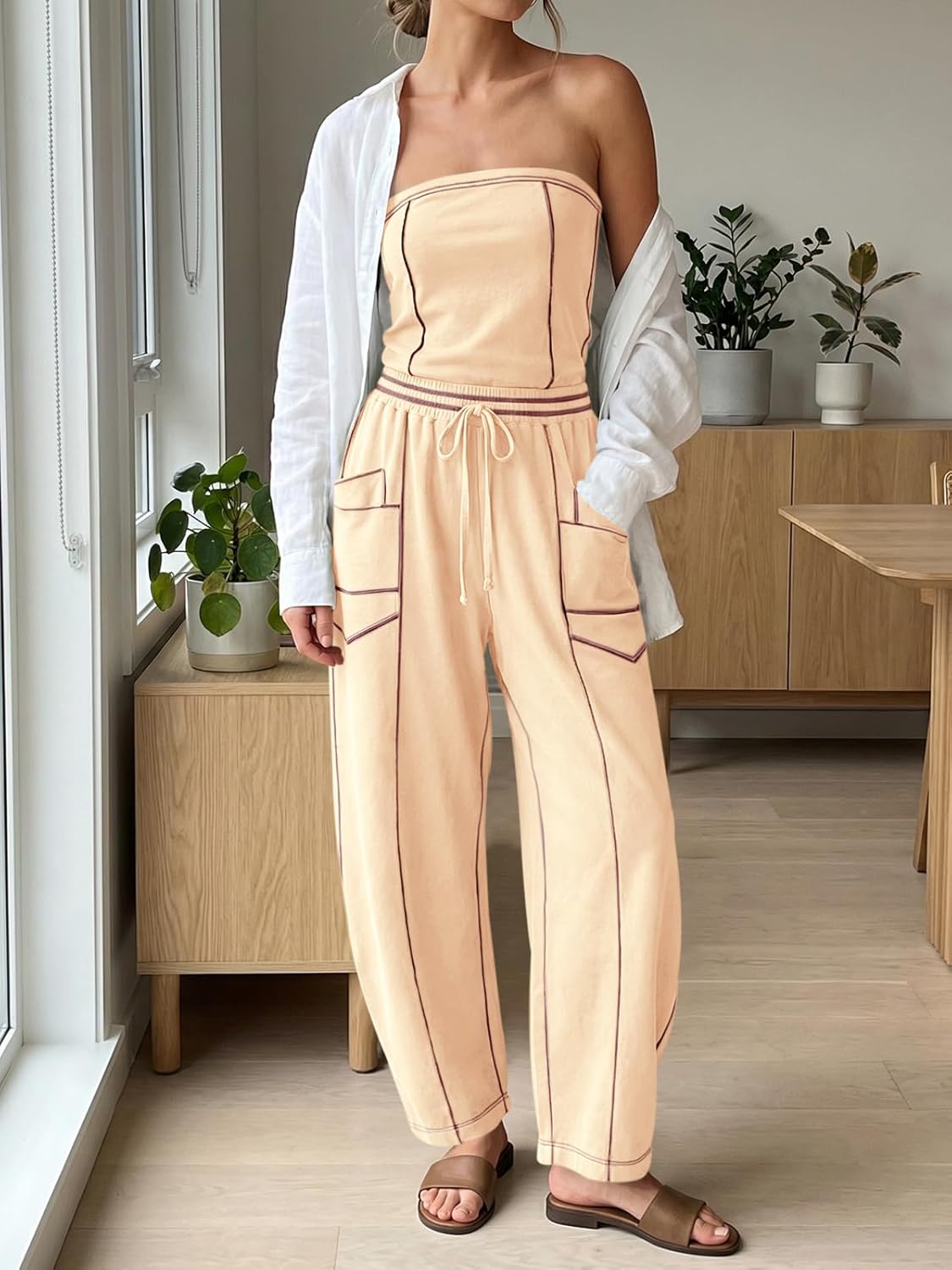 Cicy Bell Womens Summer Strapless Jumpsuits Casual Off the Shoulder Loose Romper Drawstring Barrel Outfits Jumpers - Image 4