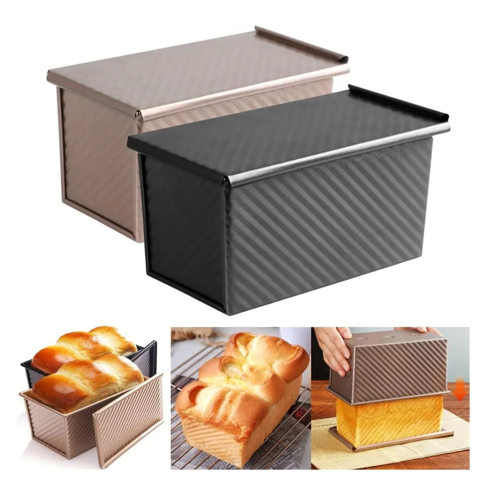 Generisch Antihaftbeschichtete Kastenform aus Kohlenstoffstahl, gewellt, mit Deckel, selbstgemachtes Brot, Sandwich, Sauerteig, Toastbehälter for Backen von Kuchenformen im Ofen(Golden with Tools)