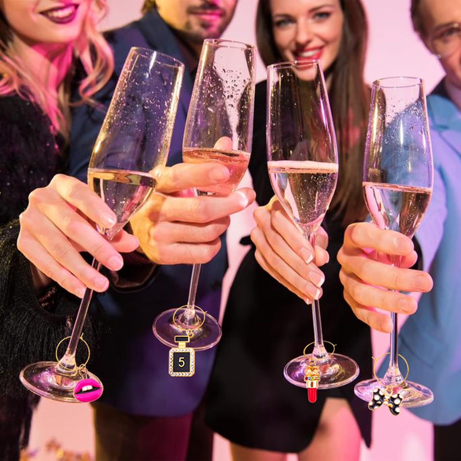 AIERSA Wine Glass Charms - 16pc Drink Markers with Gold Rings for Stem Glasses, Funny Wine Charms, Party Decorations
