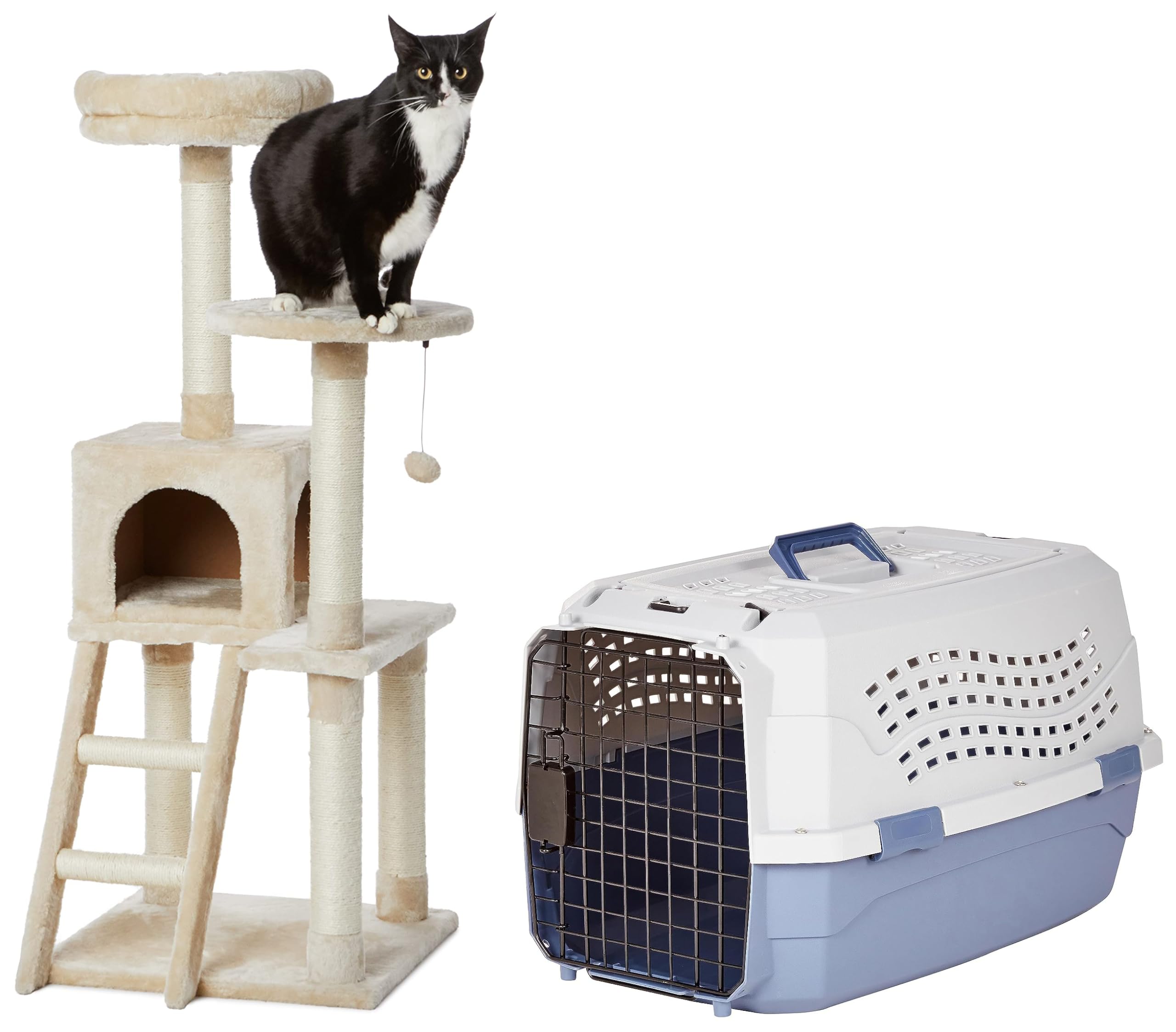 Amazon Basics Multi-Level Cat Tree Indoor Climbing Activity Cat Tower with Scratching Posts, Cave, and Step Ladder, 19 x 19 x 50 Inches, Beige & amazon basics Two Door Top Load Pet Kennel (23-inch) (B0CRVRVK7S) Amazon Price History, Amazon Price Tracker