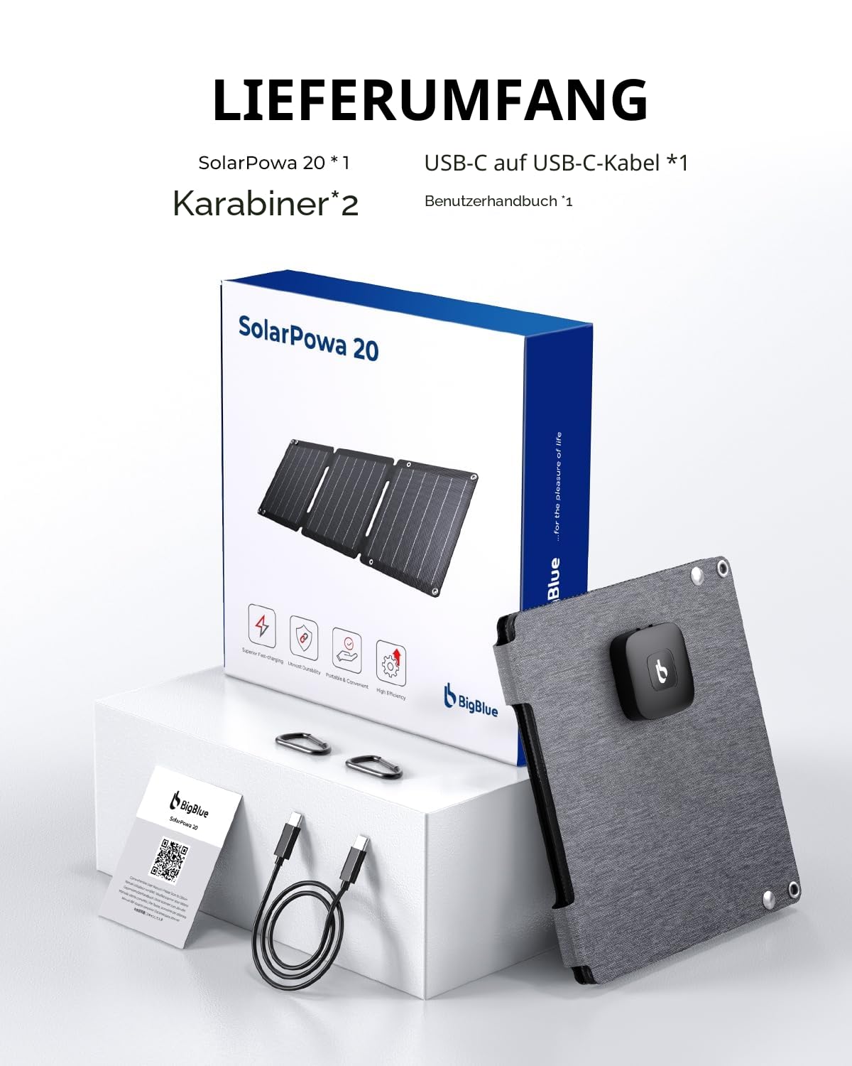 21W Tragbares Solarladegerät, BigBlue Faltbar Solarpanel (5V/4,2A Max.) mit USB-A und USB-C, IP68 Wasserdicht für Wandern, Camping, Kompatibel mit Handy, Tablette, Samsung, LG usw.