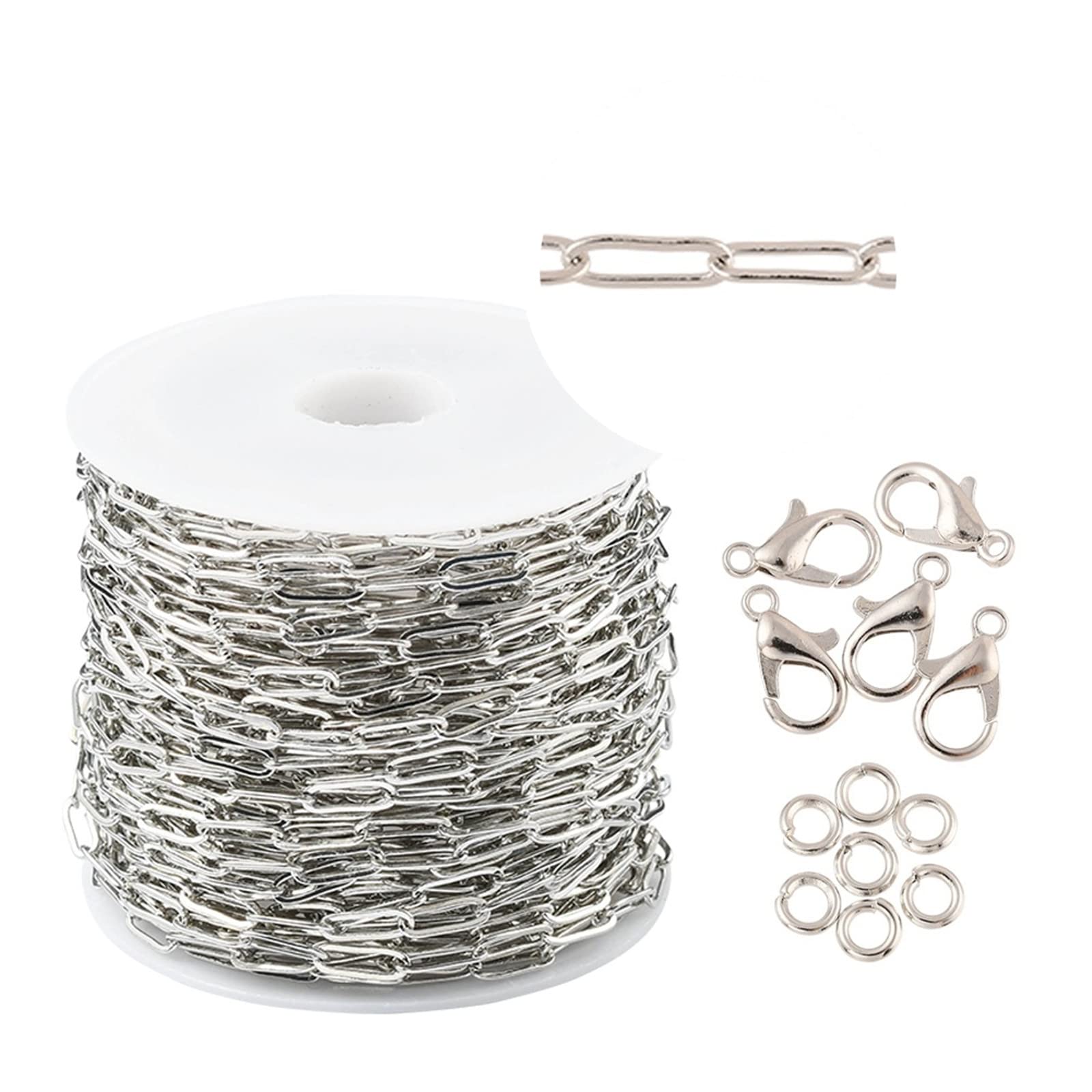 SWTOOL 32.8 Feets Plated Brass Paperclip Link Chains, Metal Silver Necklace Bulk for DIY Craft Jewelry Chain Making