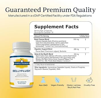 Simple Promise BellyFlush - Gentle Colon & Gut Cleanse Supplement with Milk Thistle & Bentonite Clay - Supports Constipation, Debloat, Digestive Detox & Flushing - 60 Capsules