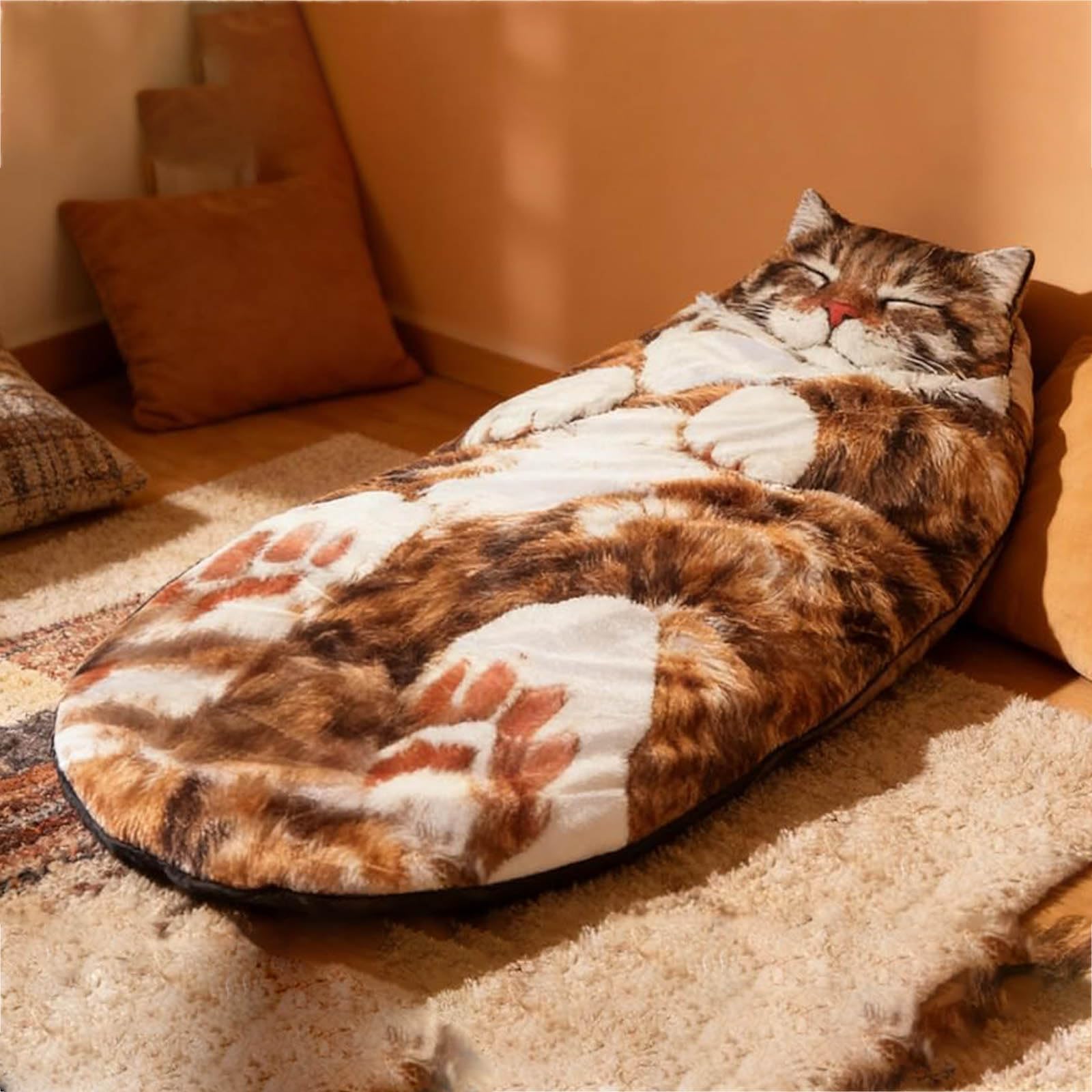 Saco de dormir de felpa con estampado de gato, saco de dormir de animales adultos, diseño de sobre de felpa gigante, lavable a máquina, manta cálida con temática de gato lindo para el hogar, camping