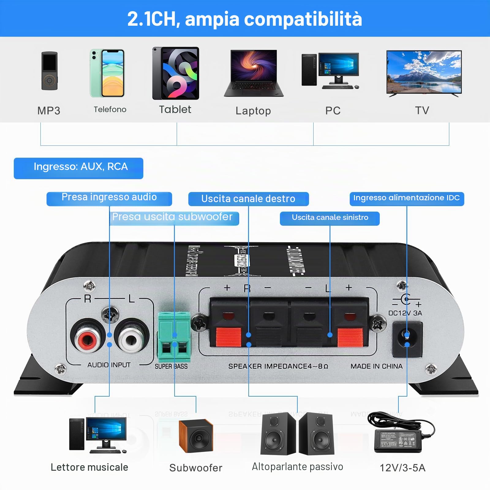 Amplificatore audio HiFi, amplificatore stereo 2.1 CH, RMS 20 Wx2+40 W ST-838 con uscita subwoofer, classe D mini amplificatore digitale con AUX per casa, altoparlante auto, nero (con adattatore di