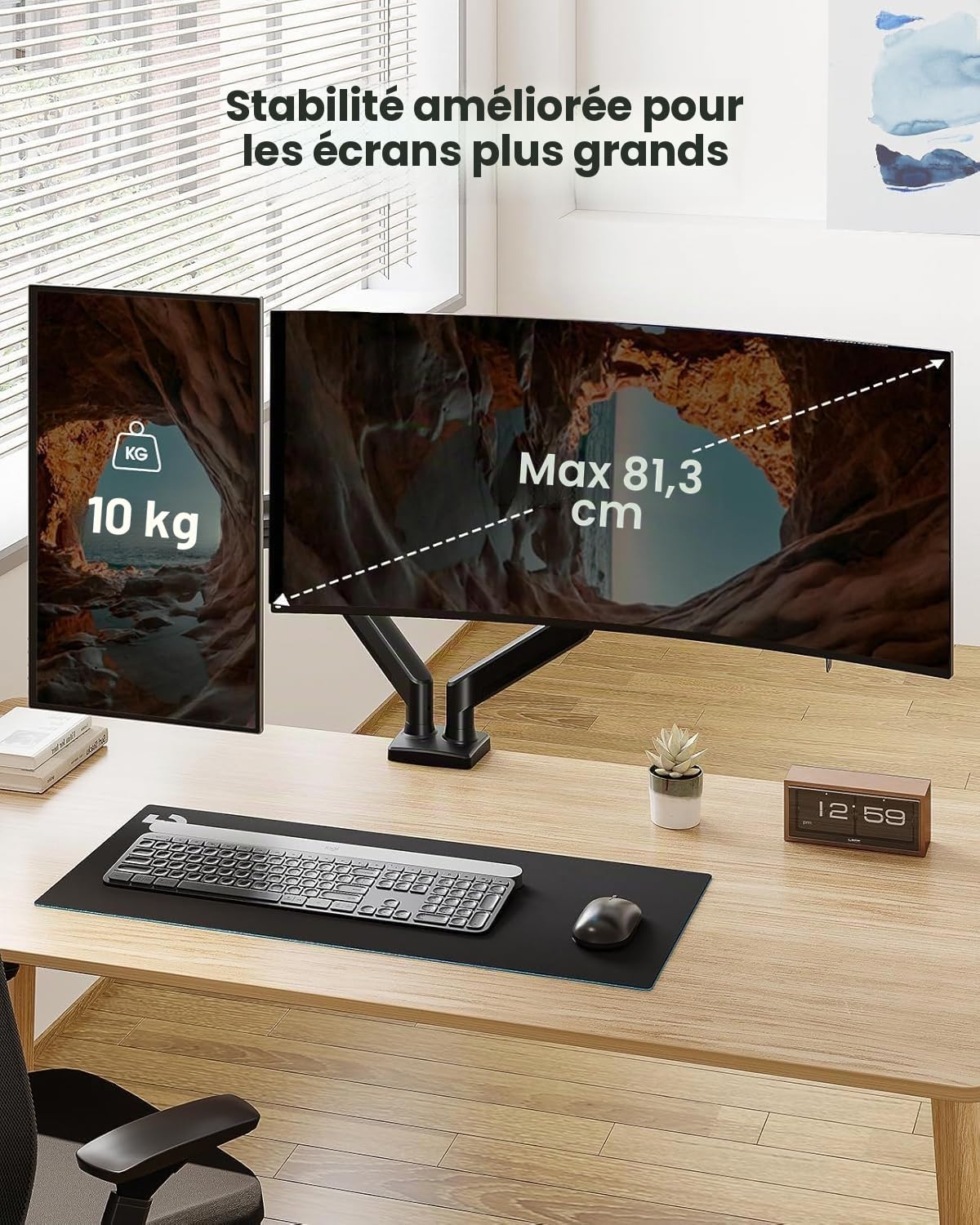 ErGear Support Double Écran PC 17-32 Pouces, Bras pour Écran PC Capacité 2-10 kg, Réglable, Pivotant 180°, Inclinable, Rotation 360°, VESA 75x75/100x100