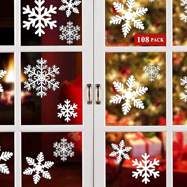 Christmas Window Stickers, 108Pcs Reusable Christmas Window Stickers Snowflakes Xmas Window Clings Decals Static PVC Stickers , White Christmas Window Snowflake Stickers for Glass Window Decorations
