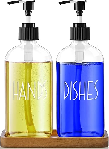 ALELION Dispensador de jabón de vidrio con bomba  Juego de dispensador de jabón transparente para platos y manos de 16 onzas con bandeja de madera