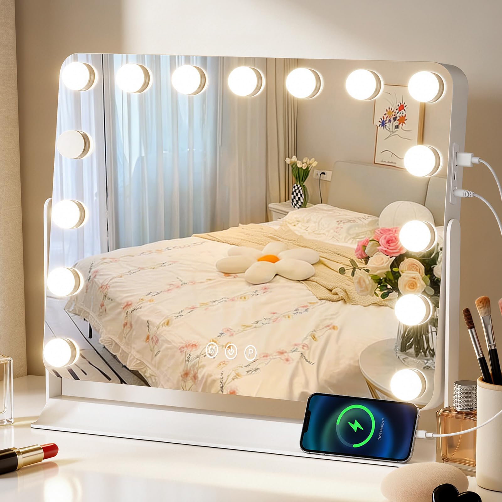 Hollywood Schminkspiegel mit Beleuchtung, 58×54 cm Kosmetikspiegel mit dimmbar 15 LED Licht, 3 Farbmodi, Smart Touch Steuerung Spiegel, 360° Drehbarer Tischspiegel für Schminktisch Schlafzimmer