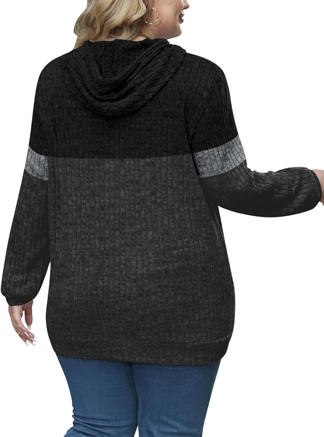 Womens Plus Size Lightweight Ribbed Knit Hoodie Sweaters Casual Long Sleeve Pullover Tops for Fall Winter L-4XL - Image 3
