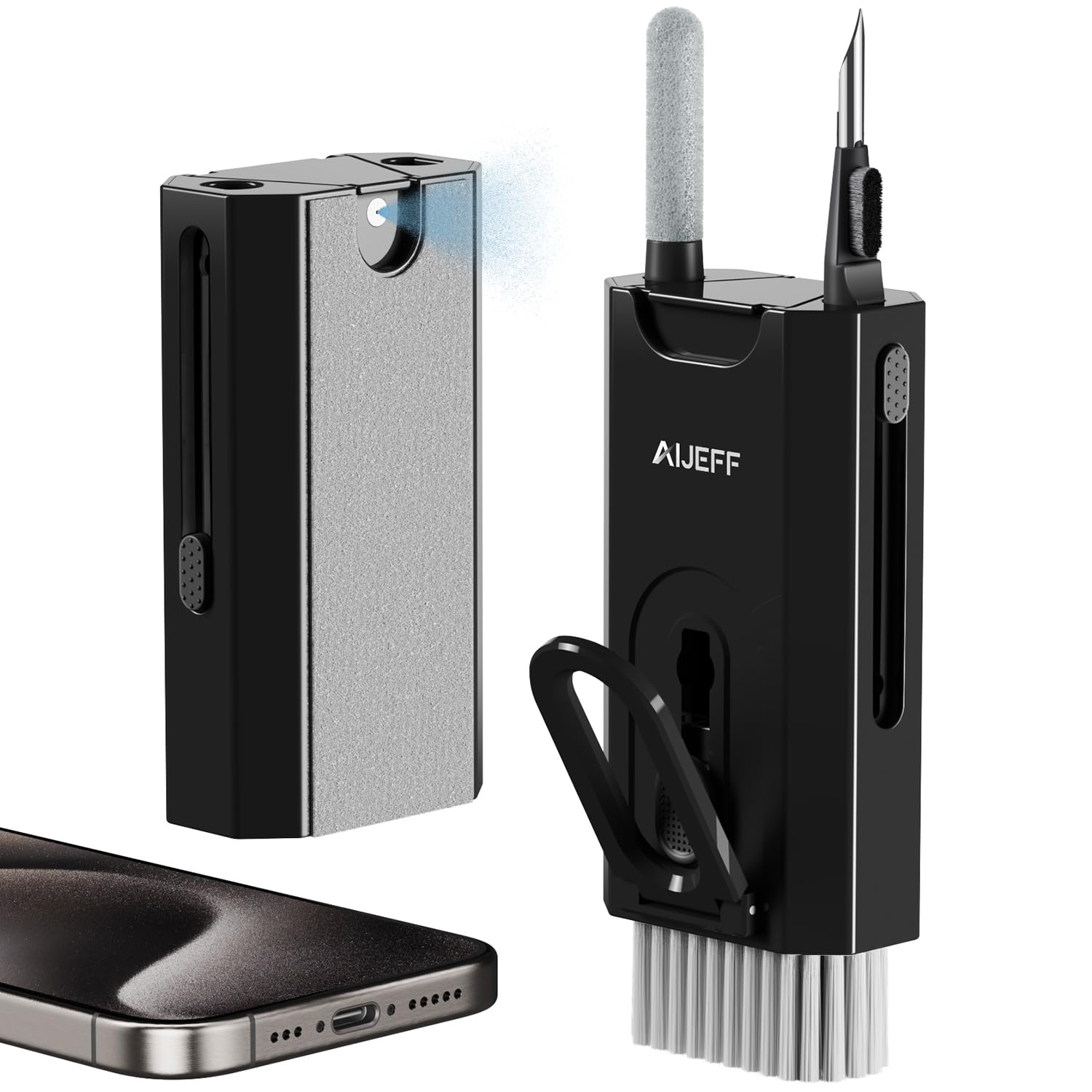 Aijeff Cleaner Kit for Airpod, Screen Cleaner with Spray and Microfiber Cloth for iPhone, iPad, iPad, MacBook, Multifunctional Cleaning kit for Keyboard, Earphone, Smartphone, Tablet, Laptop-Black