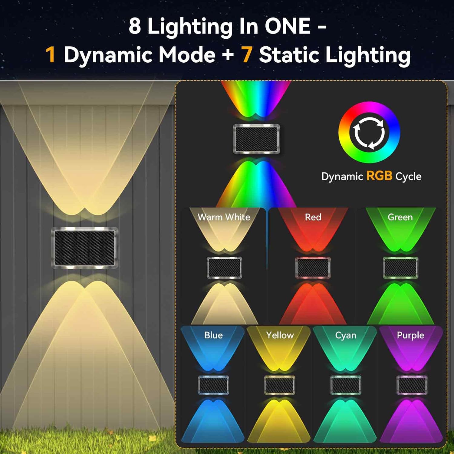 TECKNET Solar Fence Lights, Up Down Lights & 200°Wide Lighting, 8 Modes RGB Color Changing, 6 Pack, IP66 Waterproof Dual-Lens LED Decorative Lights for Wall/Garden/Fence/Patio/Backyard