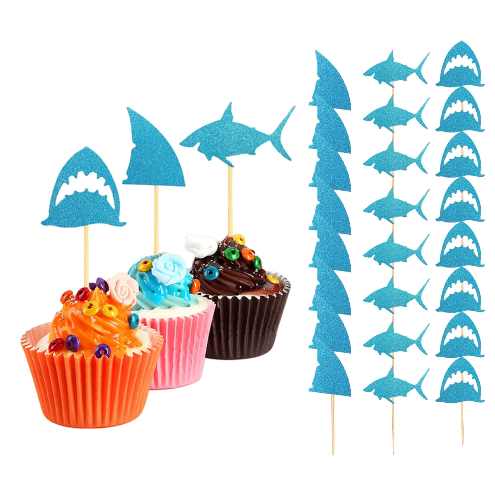 Wedhapy shark cupcake picks Shark Cake Toppers Glitter Fin Cupcake Picks Pool Party Supplies Baby Shower Birthday Decorations Blue 24PCS topper