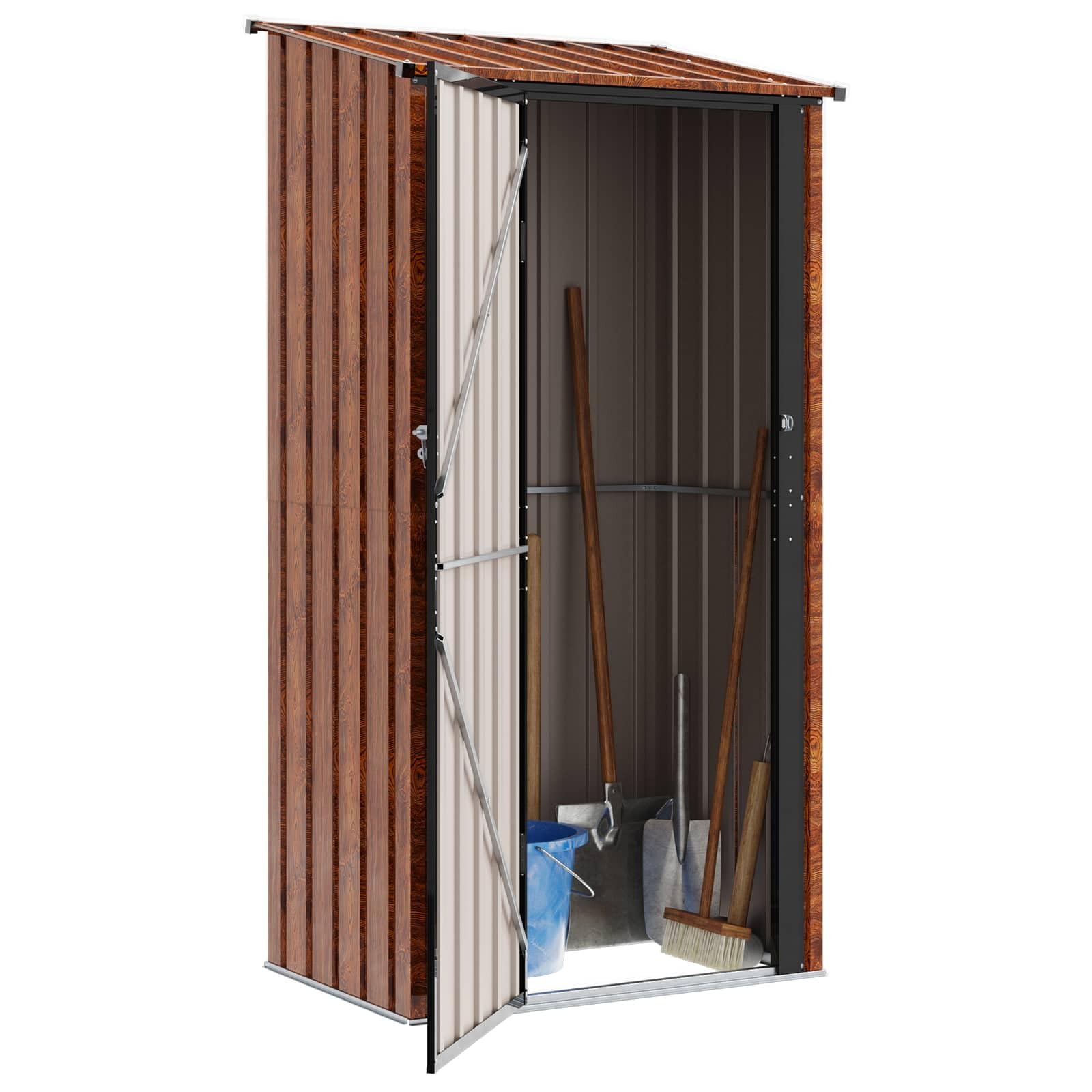 Caseta de jardín de metal 103 x 74 x 200 cm marrón con cerradura y techo inclinado para exteriores