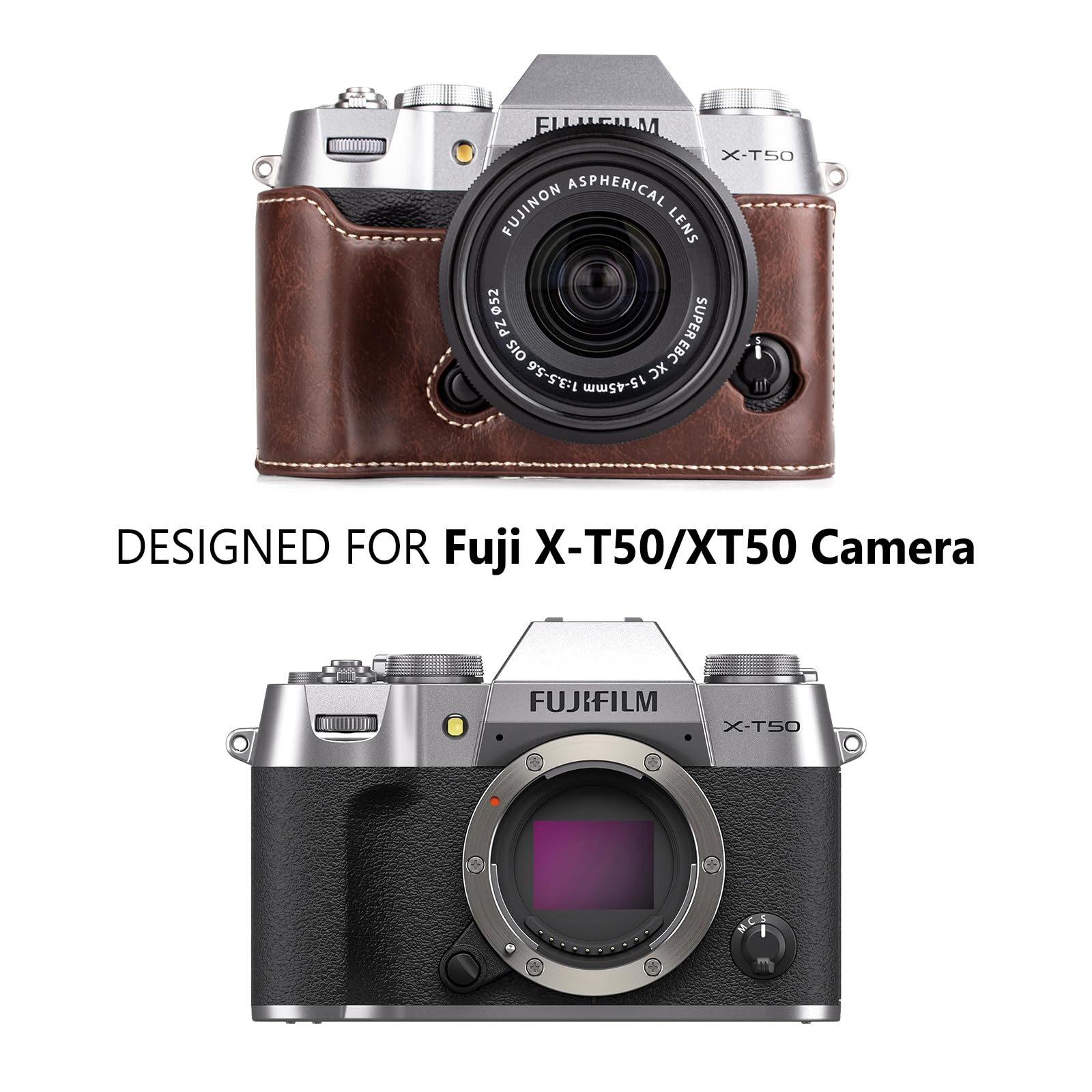 MUZIRI KINOKOO Leder-Hülle Für Fujifilm X-T50 – Halbschutzhülle Mit Griff & Stativgewinde In Braun