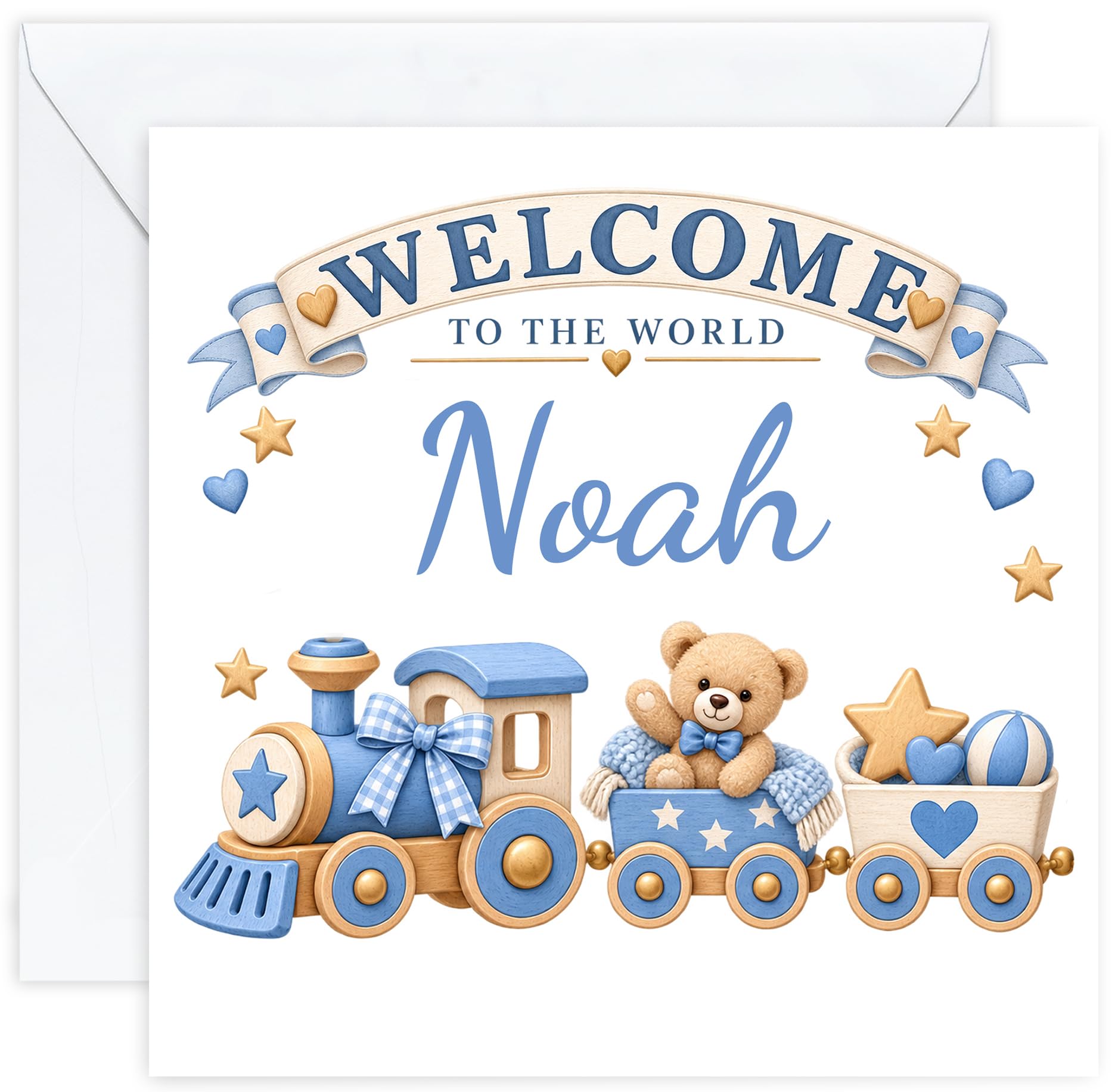 Personalised New Baby Boy Card with Name | Newborn Baby Boy Card | Congratulations on Your New Baby Card | Welcome to the World Card | Son Grandson Nephew Godson (Design 09)