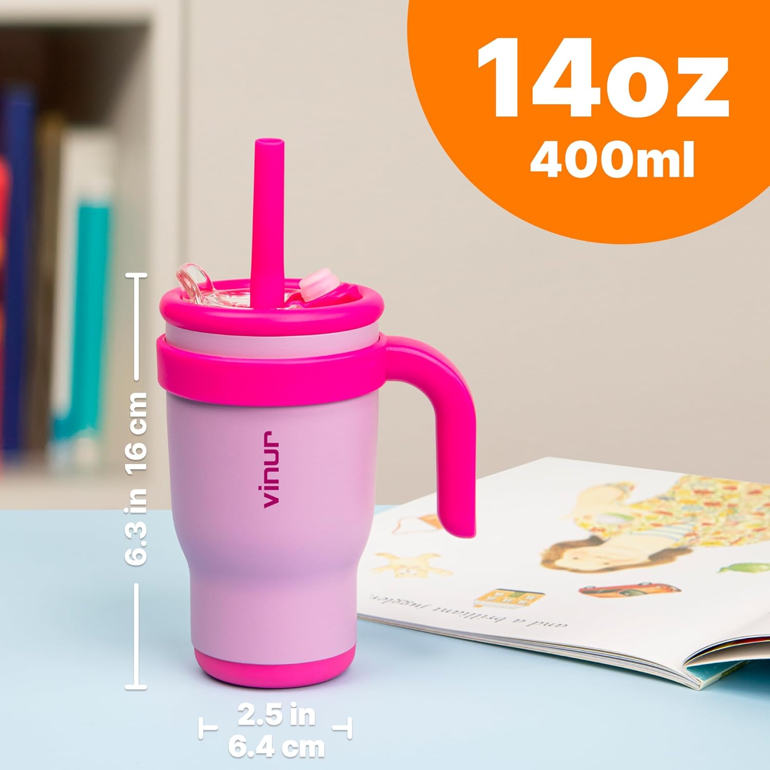 VINUR Kids Tumbler with Handle -14 oz Stainless Steel Vacuum Insulated Leak Proof Travel Tumbler with 2-in-1 Straw Lid-Gifts for Girls, Purple Pink - Image 4