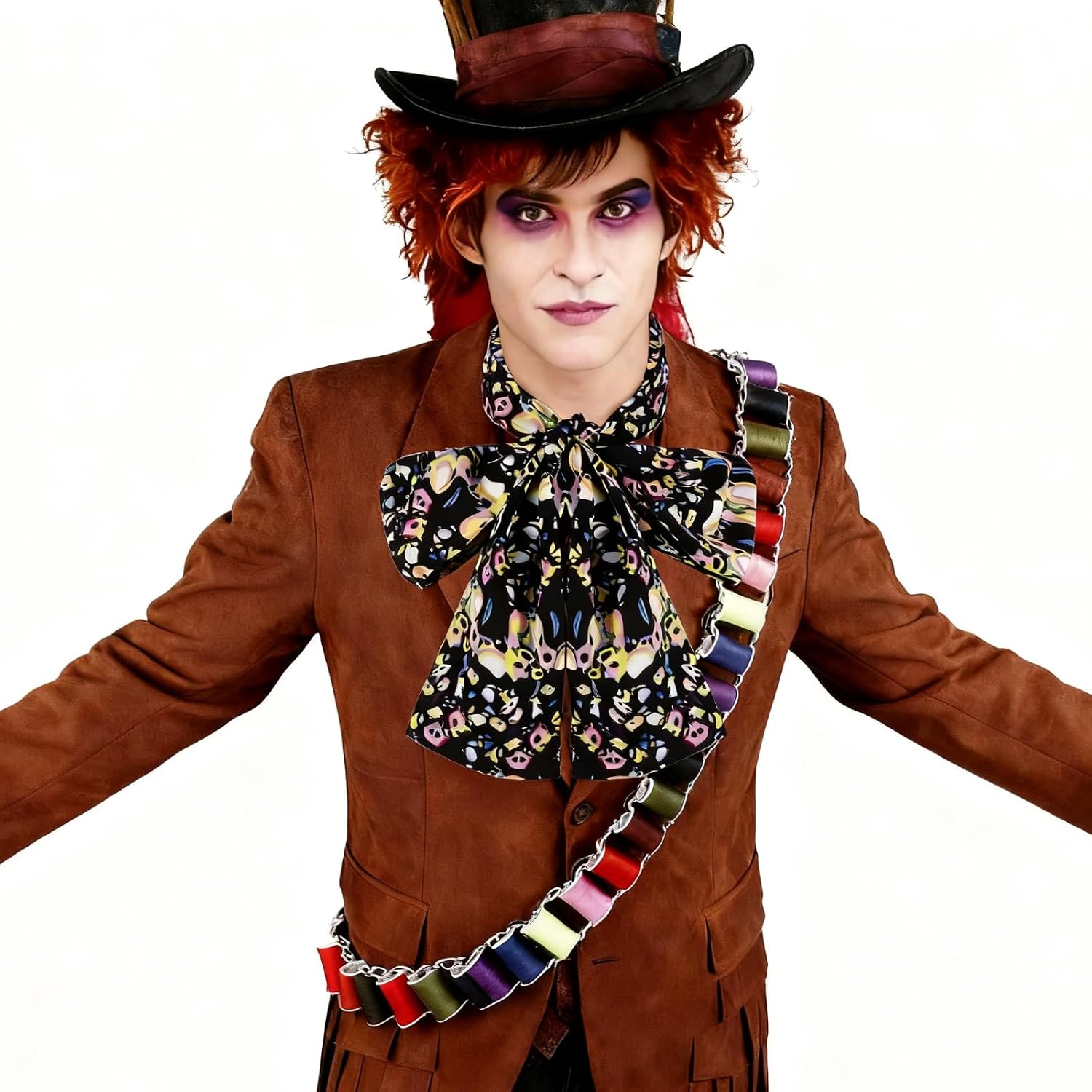 The Hatter Bow Tie Printed Scarf and Colorful Spools Bandolier Set,Hatter Accessories for Halloween Costume Party Cosplay Multi